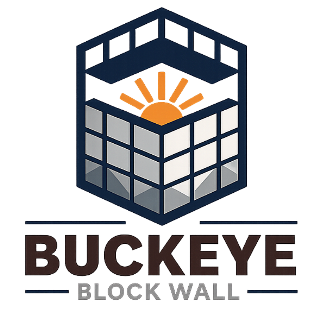 Buckeye Block Wall Contractors logo featuring a block wall icon with a rising sun in Buckeye, Arizona