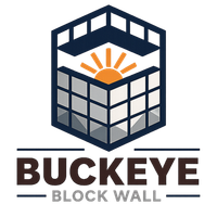 Buckeye Block Wall Contractors logo featuring a block wall icon with a rising sun in Buckeye, Arizona