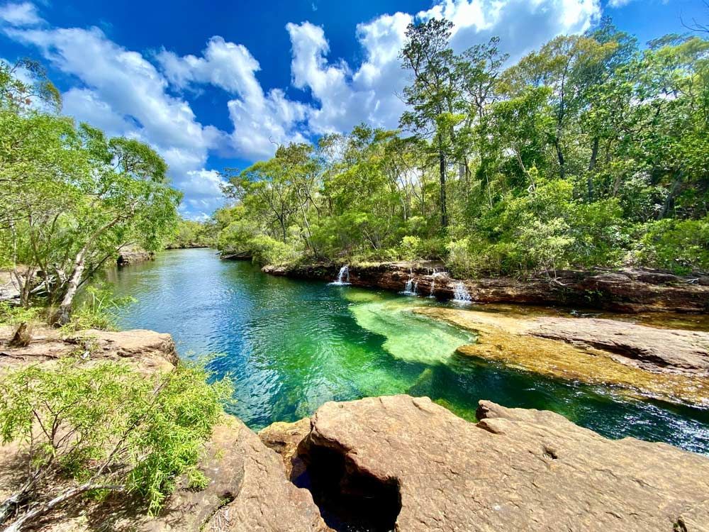 A River Surrounded By Trees And Rocks — Barron River Lawns In Cape York, QLD