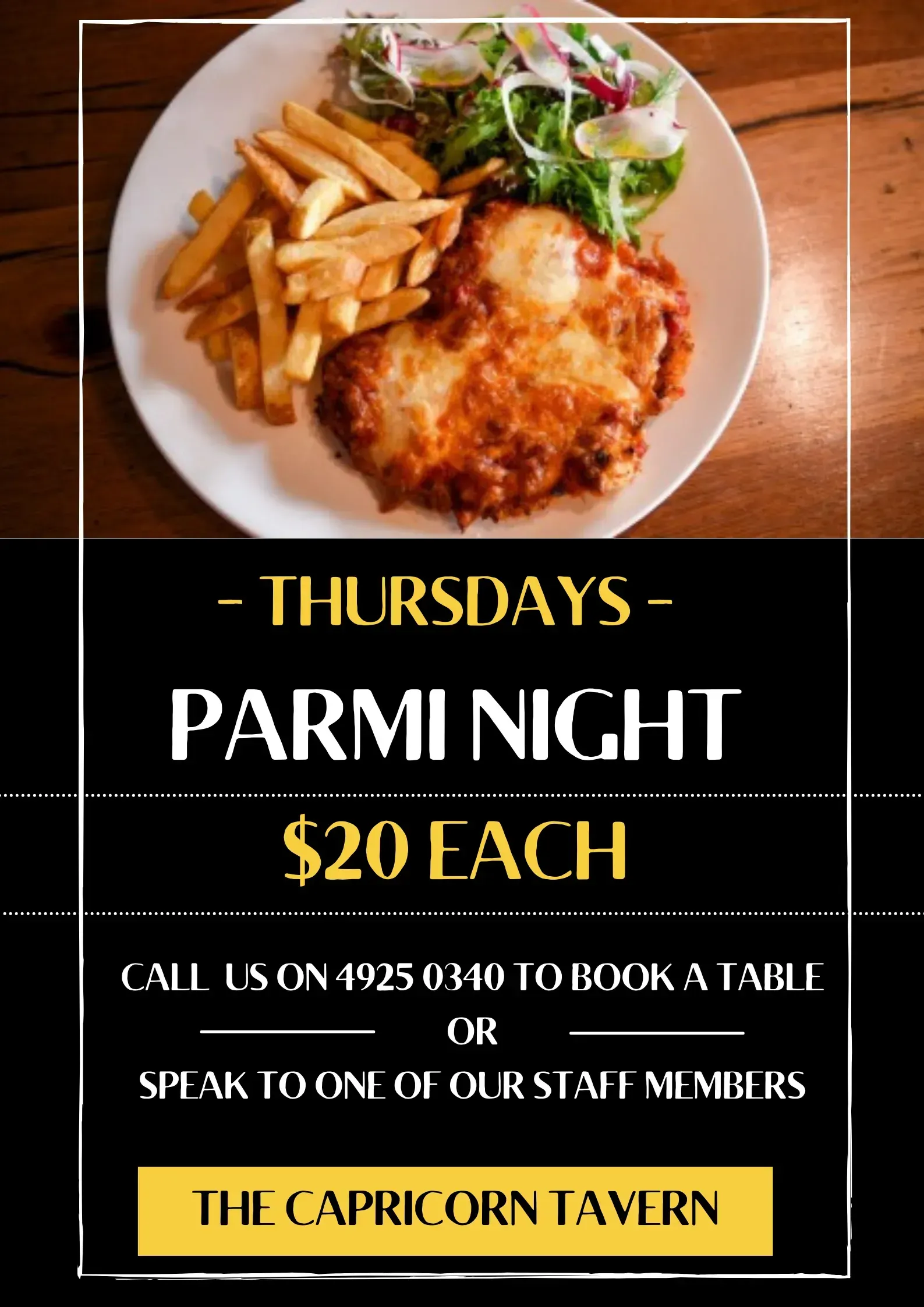 A Poster for a Parmi Night at the Capricorn Tavern — Capricorn Tavern in Taranganba, QLD