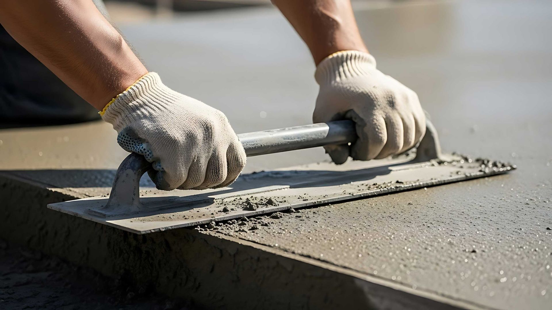 A worker is smoothing fresh cement with a bull float during a professional concrete repair job.