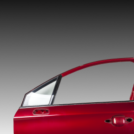 Red car door with window and handle against a gray background | Exclusive Collision And Customs