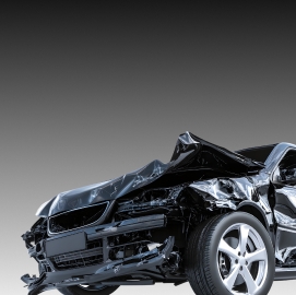 Damaged black car, front end crumpled, on a gray gradient background | Exclusive Collision And Customs