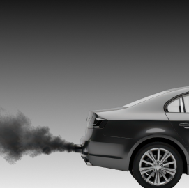 Black car with dark smoke billowing from the exhaust pipe against a gray background | Exclusive Collision And Customs