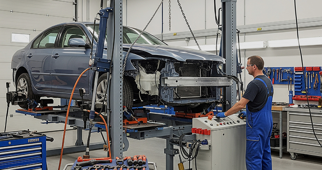 A car in a repair shop on a lift; a mechanic operates the control panel | Exclusive Collision And Customs