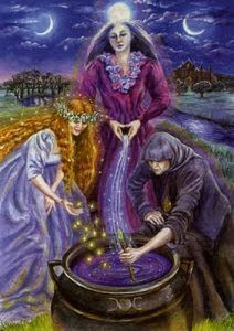 Maiden, mother, and crone performing magic.