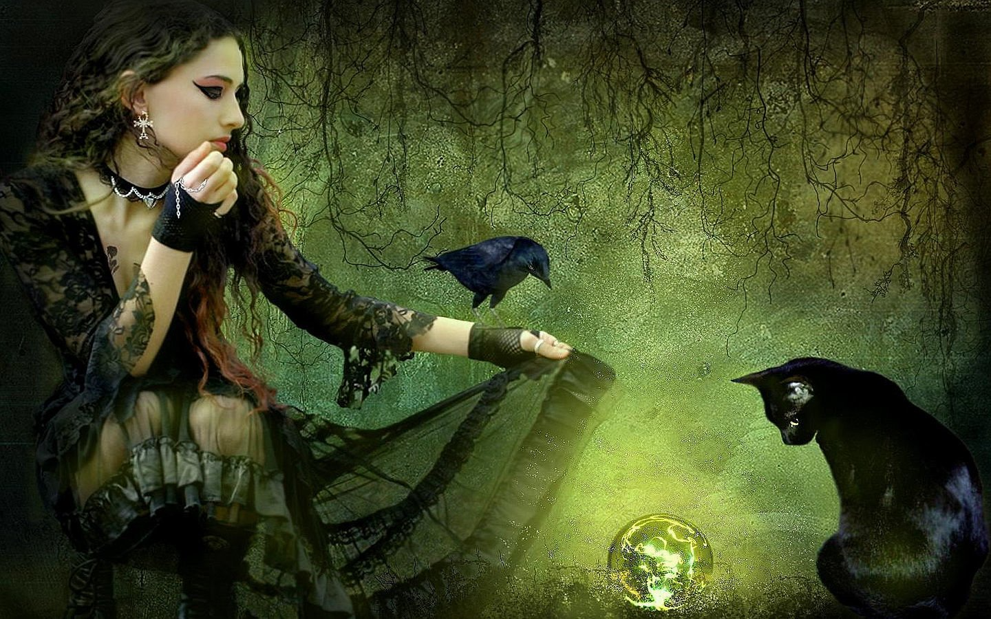 a woman is sitting next to a black cat and a crow connecting with nature.