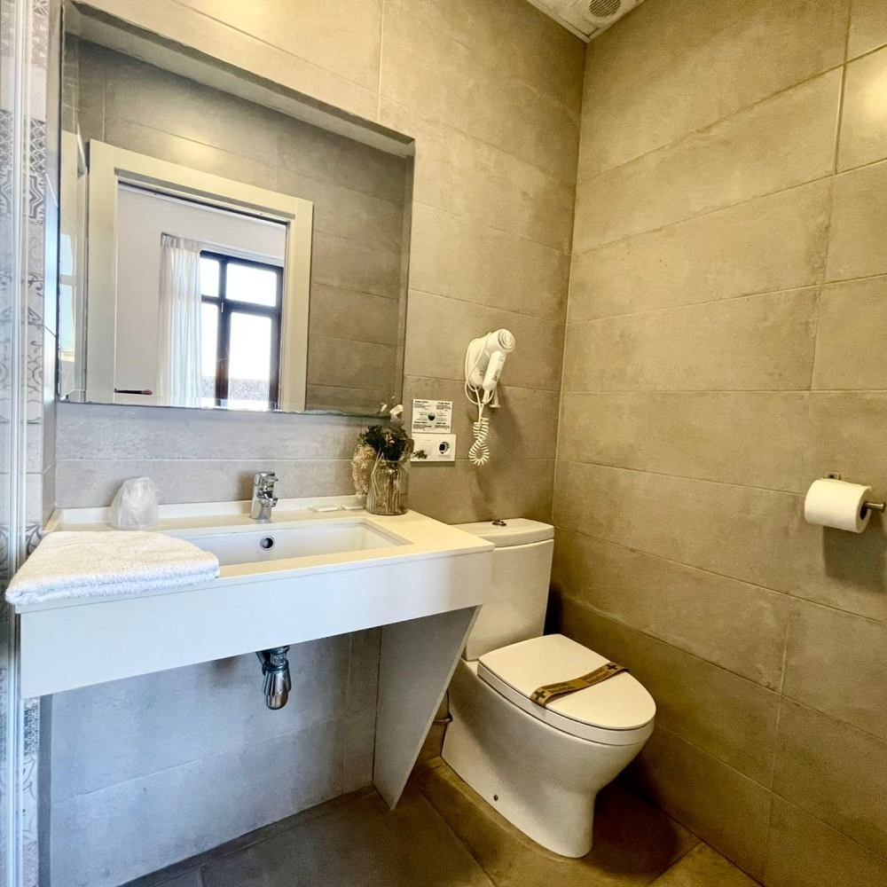 A bathroom with a sink , toilet and mirror.