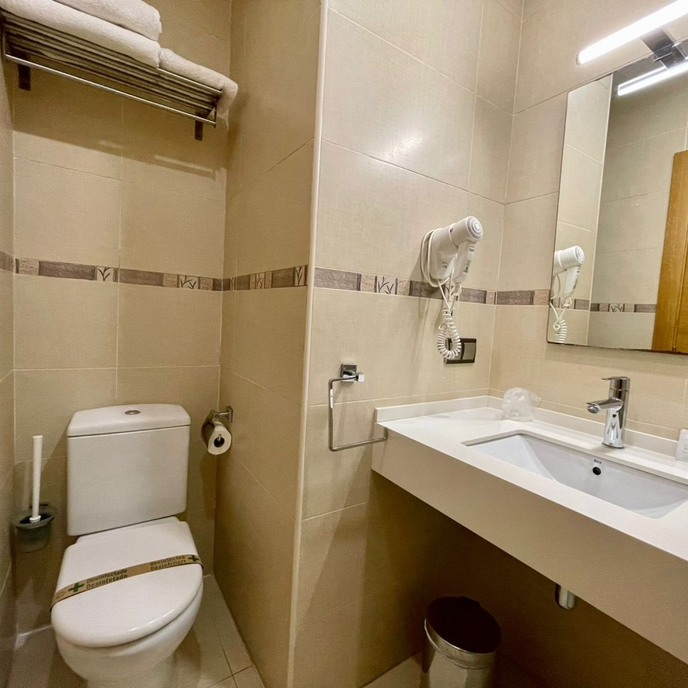 A bathroom with a toilet , sink and mirror