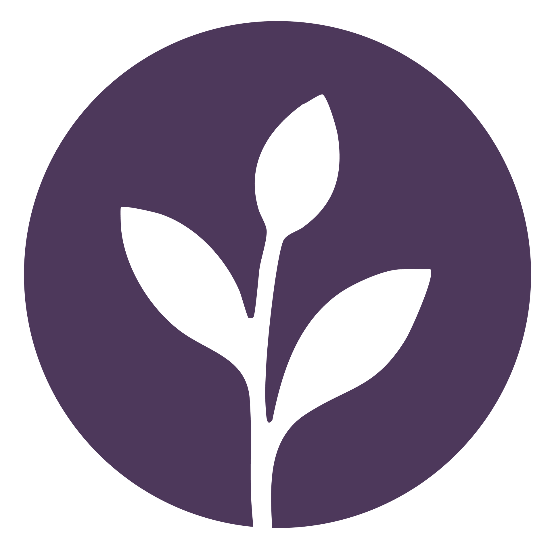 White plant with three leaves on a purple circle background.