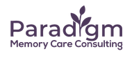Logo for Paradigm Memory Care Consulting; purple text and leaf design.