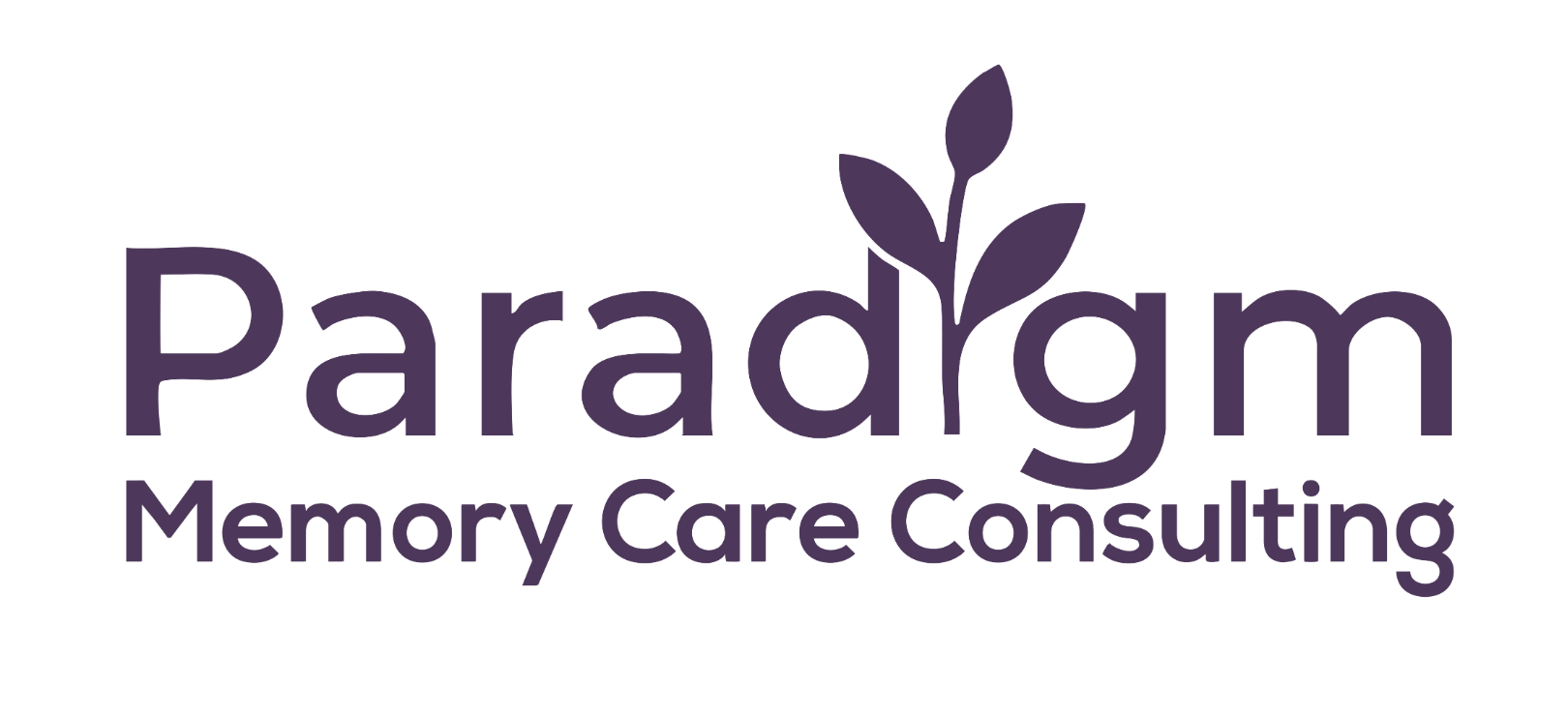 Logo for Paradigm Memory Care Consulting; purple text and leaf design.