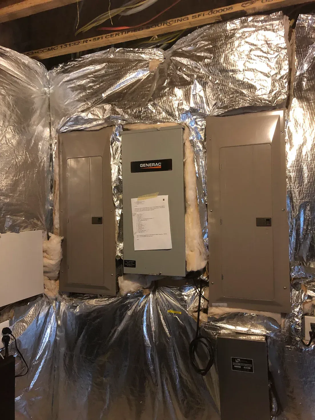 Basement with three gray electrical panels covered in reflective insulation and plastic sheeting.