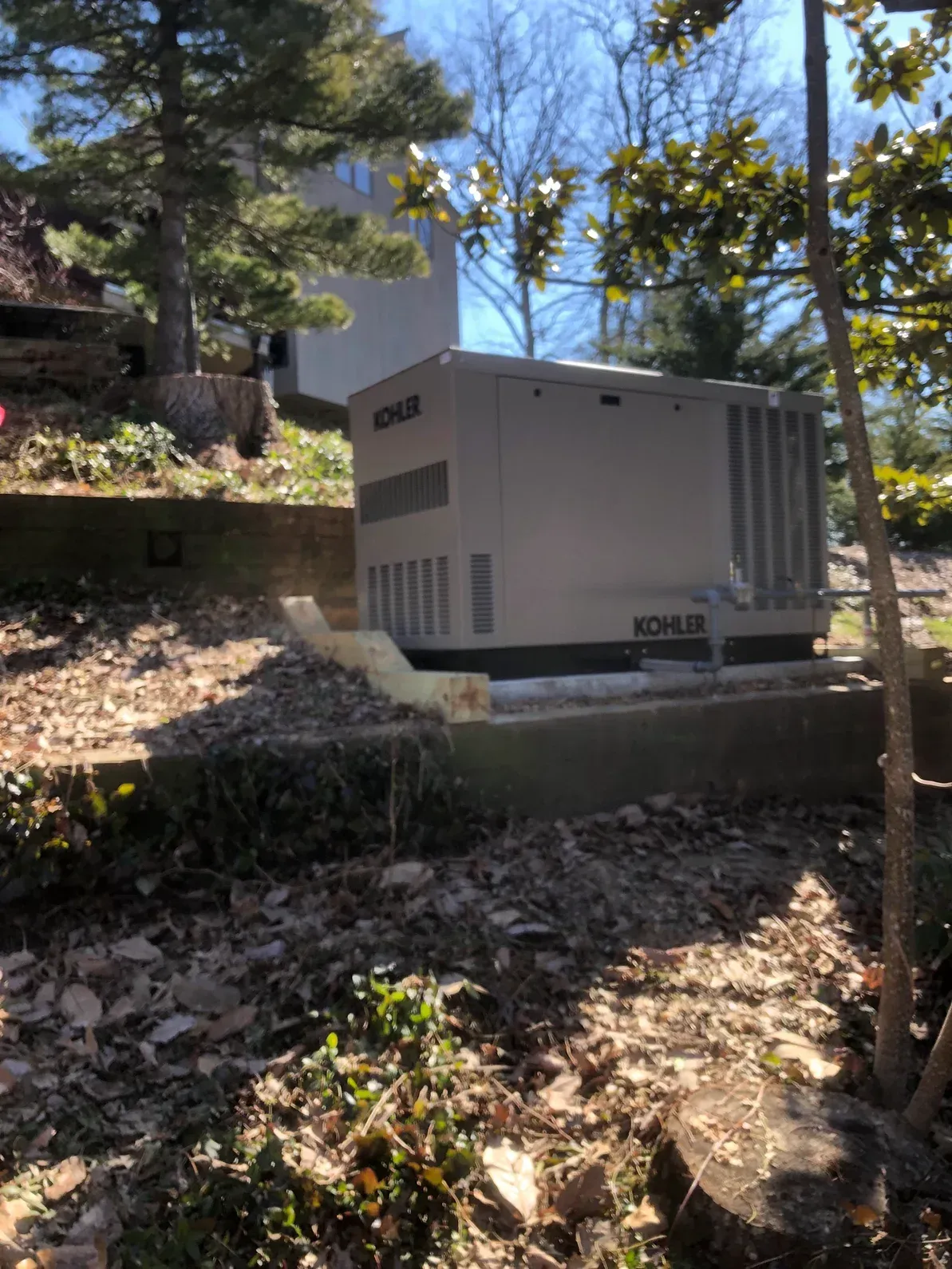 White outdoor generator on a concrete pad among trees and dry leaves, with blue sky in the background