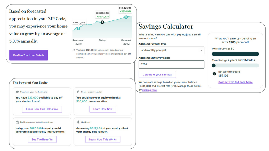 Savings calculator webpage with charts, form fields, and purple call-to-action buttons
