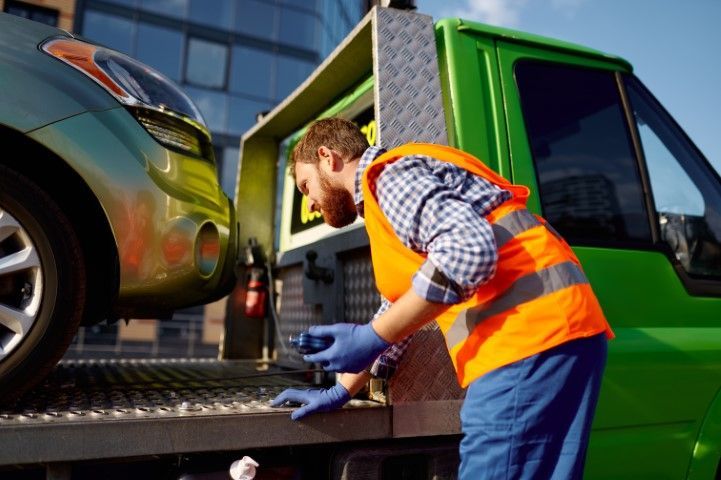 Tow truck driver in orange vest securing a green car on a flatbed at an auto transport yard