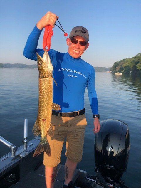 A man in a blue shirt is holding a large fish