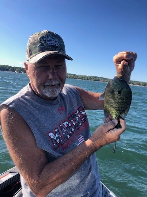 A man on a boat is holding a fish in his hand.