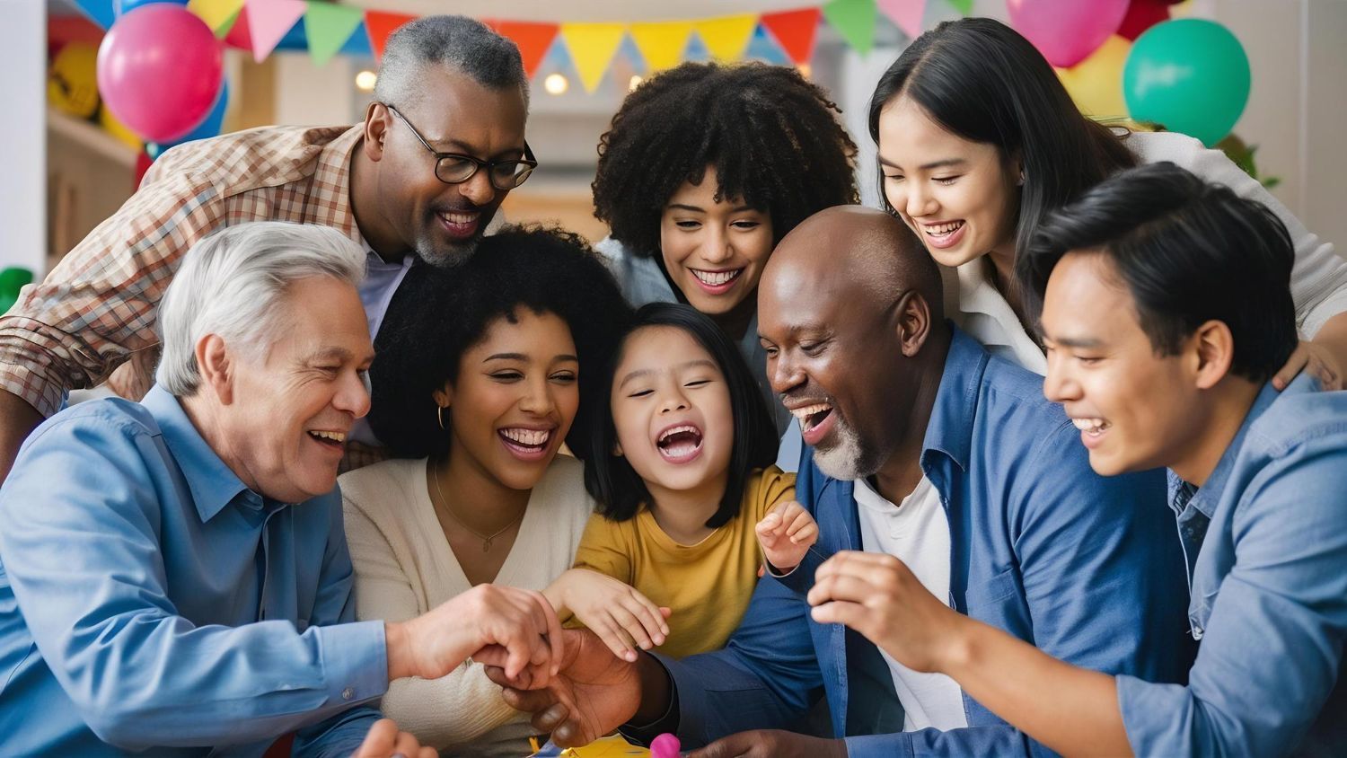 Family of six outdoors, smiling. Elderly man with cane, woman holding baby, others chatting.
