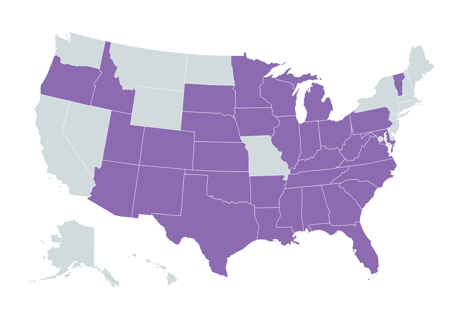 Map of the United States with purple states highlighting a specific category; other states are gray.