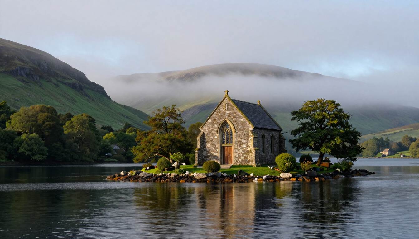 A small stone chapel on an island in the middle of a lake surrounded by green mountains in Cork Ireland.