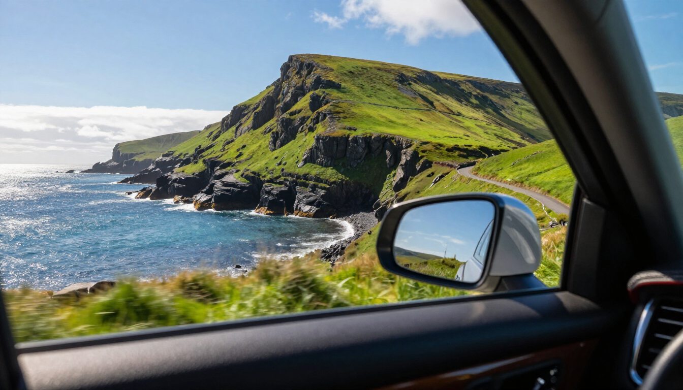 A luxury tour vehicle driving through the scenic Irish countryside near Cork.