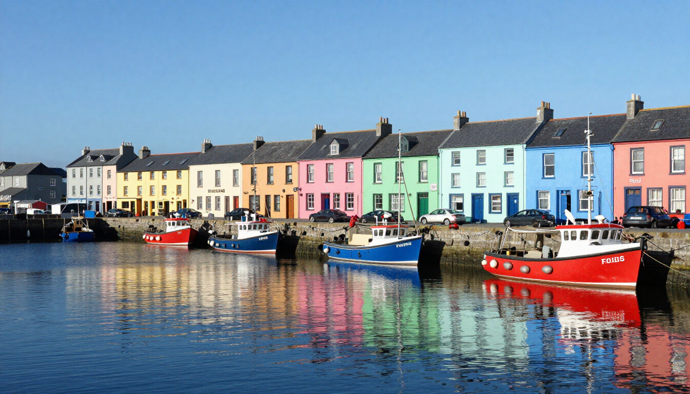 Photorealistic scenic view of Kinsale harbour Ireland colourful buildings boats calm water sunny day high quality