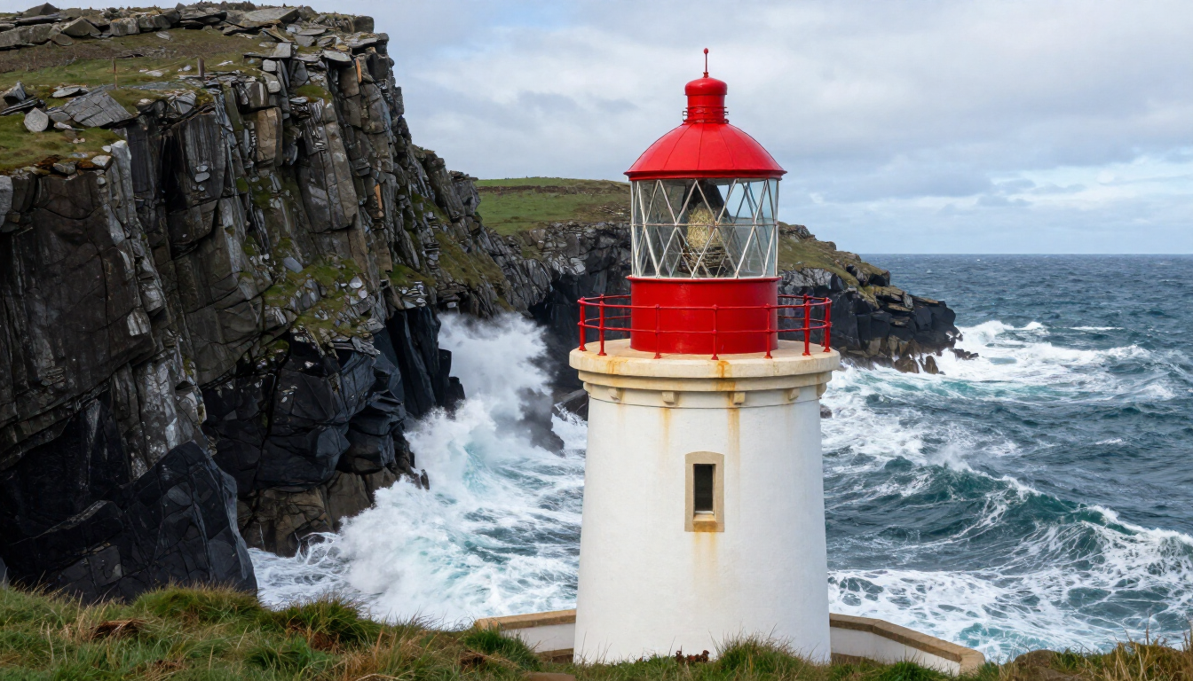 Photorealistic Old Head of Kinsale lighthouse dramatic cliffs Atlantic Ocean waves crashing Ireland