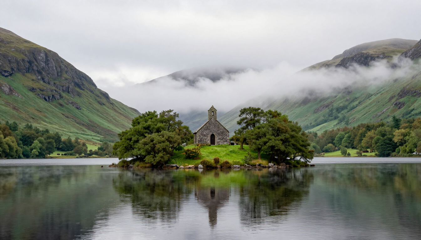 Photorealistic Gougane Barra lake and island chapel mountains reflection green landscape Ireland misty morning