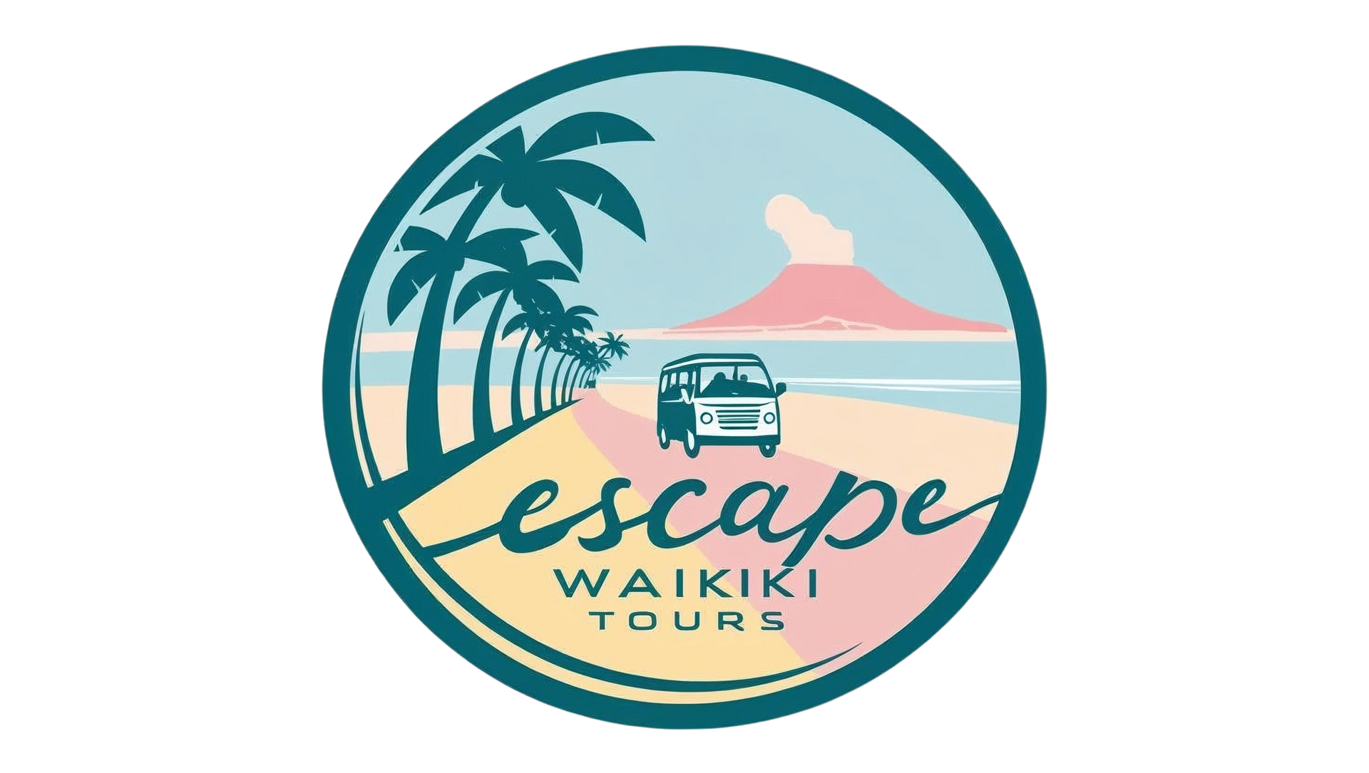 Logo for Waikiki Tours: Palm trees, a van driving on a beach road, volcano in the background, and the word