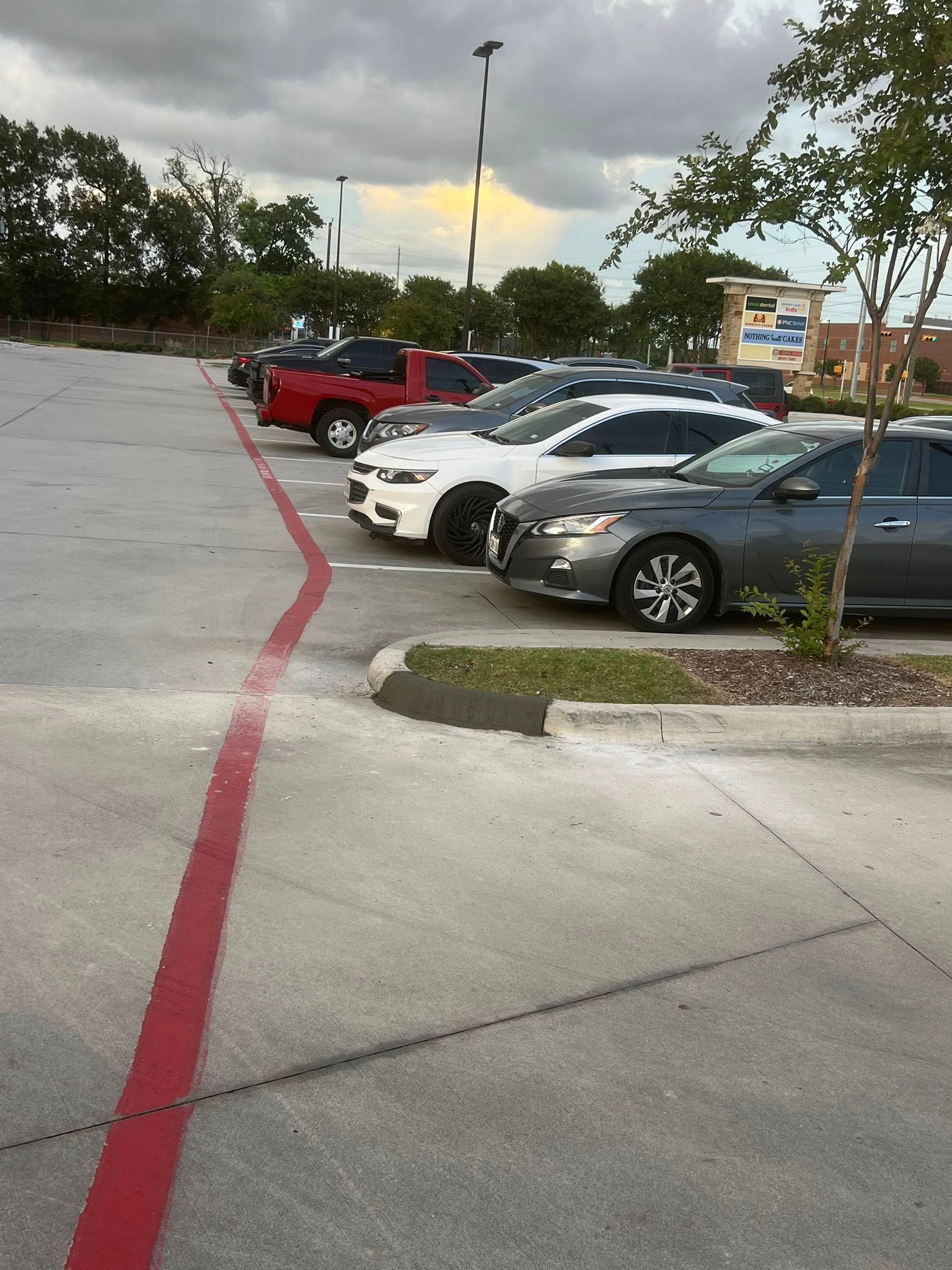 Cars parked in a row at a parking lot with a red line dividing the lanes.