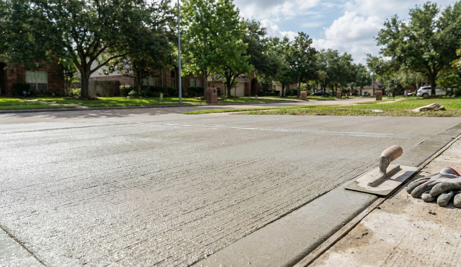 Concrete curb cut into a grass strip, connecting a parking lot with a road, against a stone wall and white building.