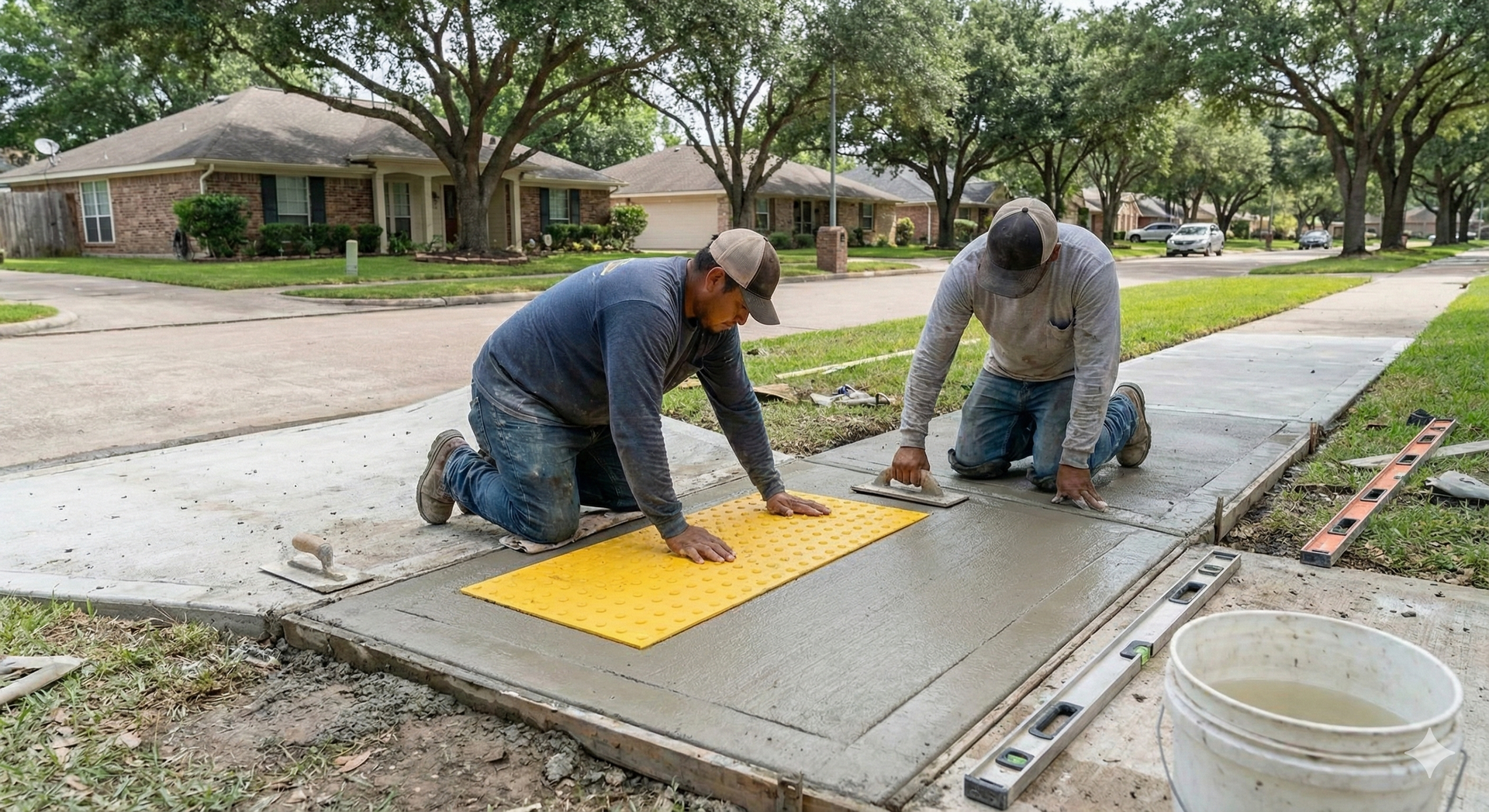 Newly poured concrete driveway with safety cones, leading to a two-car garage.