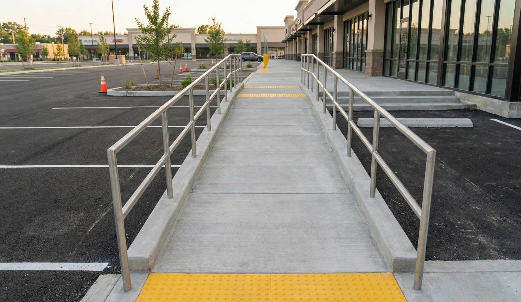 Yellow caution tape surrounds a damaged electrical box, in a parking lot near a brick building and a grocery store.