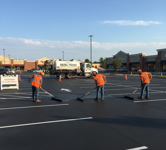 Newly poured concrete driveway in front of a brick house with a garage and wooden fence.
