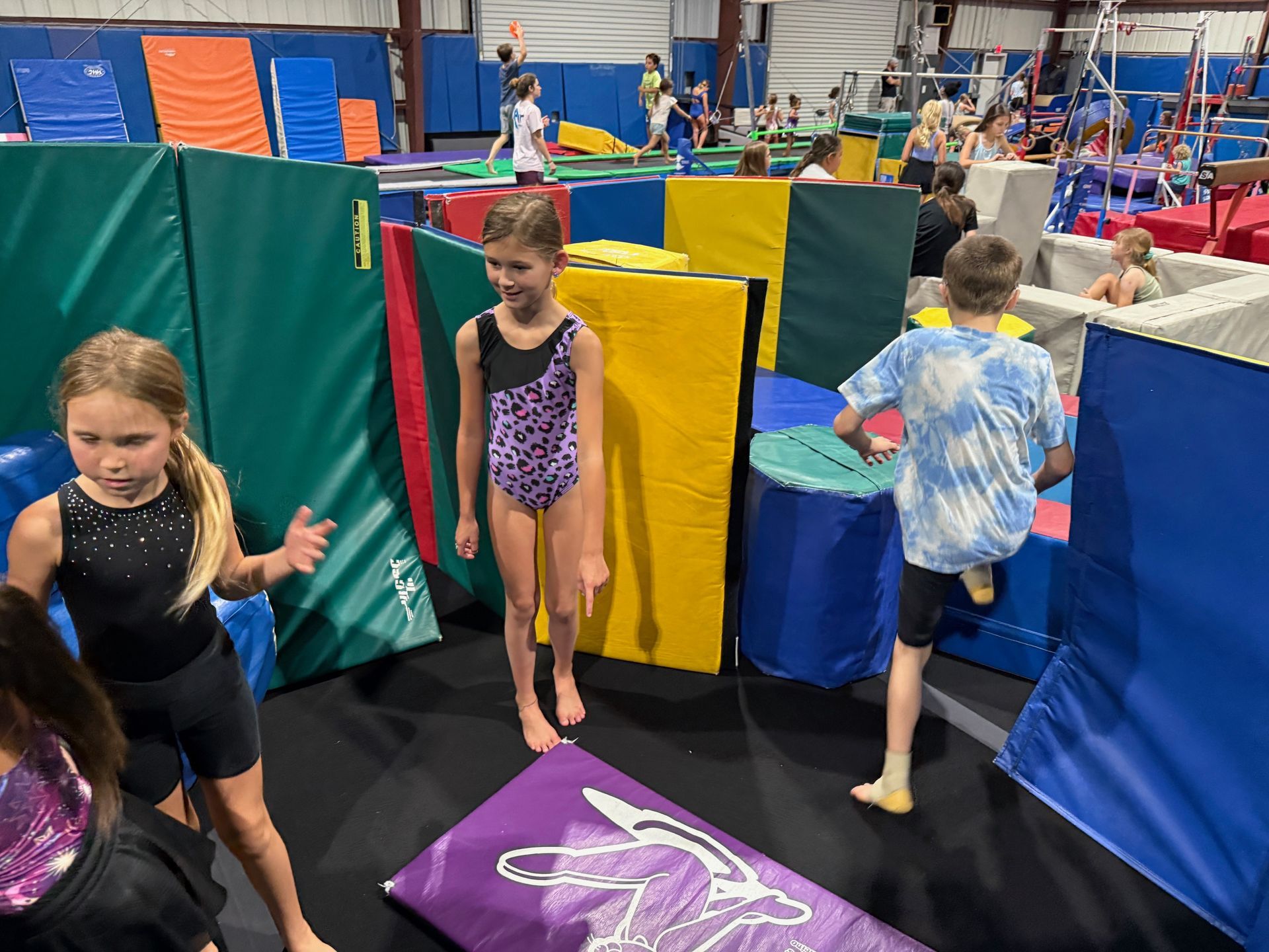 A group of children are playing in a gym.