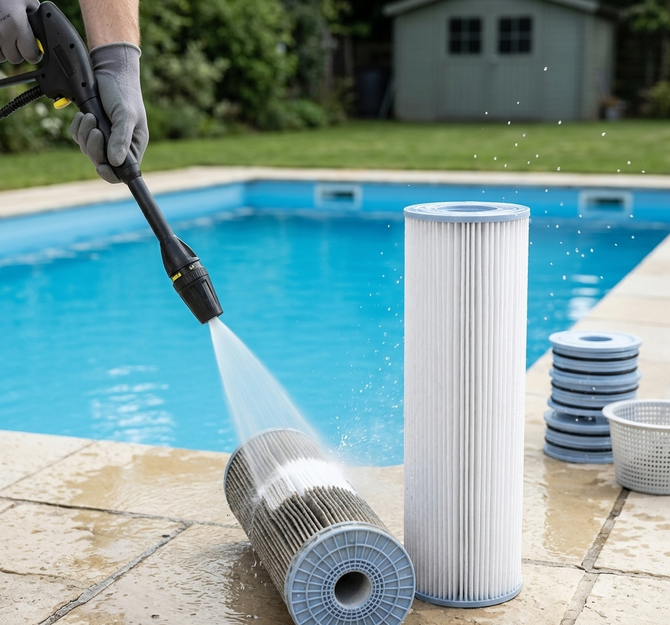 Pressure washing a cylindrical swimming pool cartridge filter.