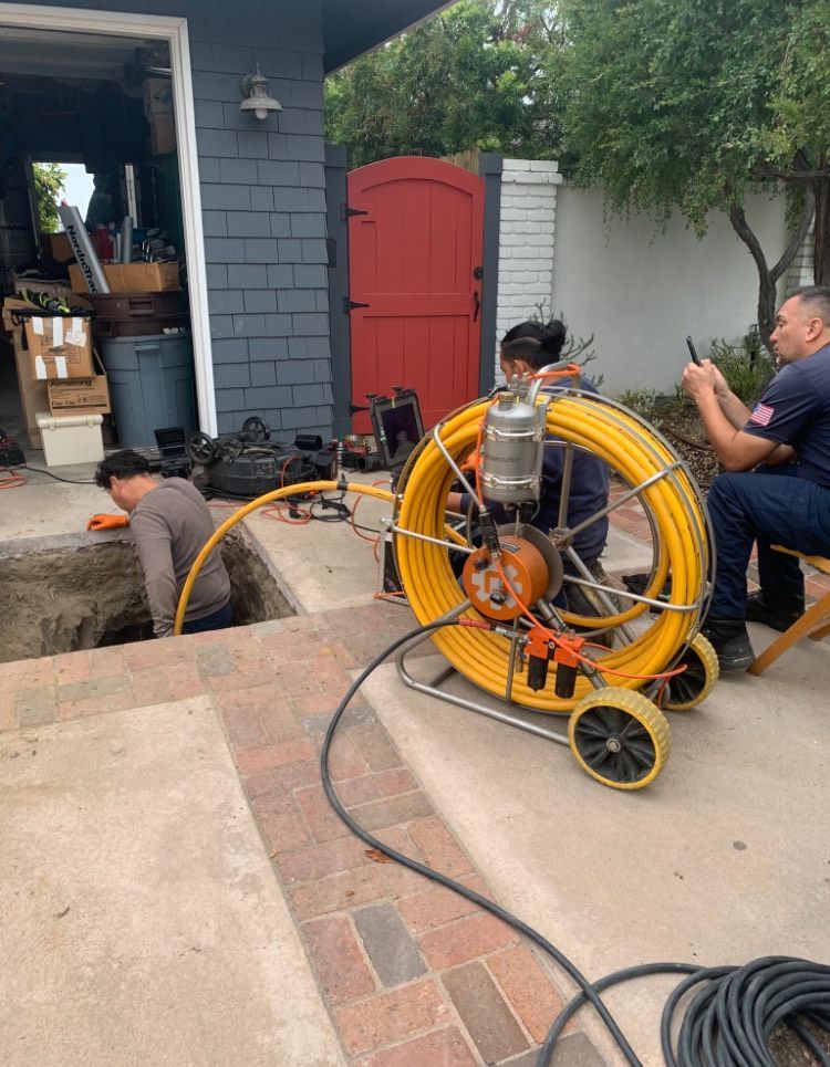 A group of men are working on a drain in a backyard.