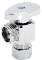 A close up of a chrome valve on a white background.