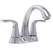 A chrome bathroom sink faucet with two handles on a white background.