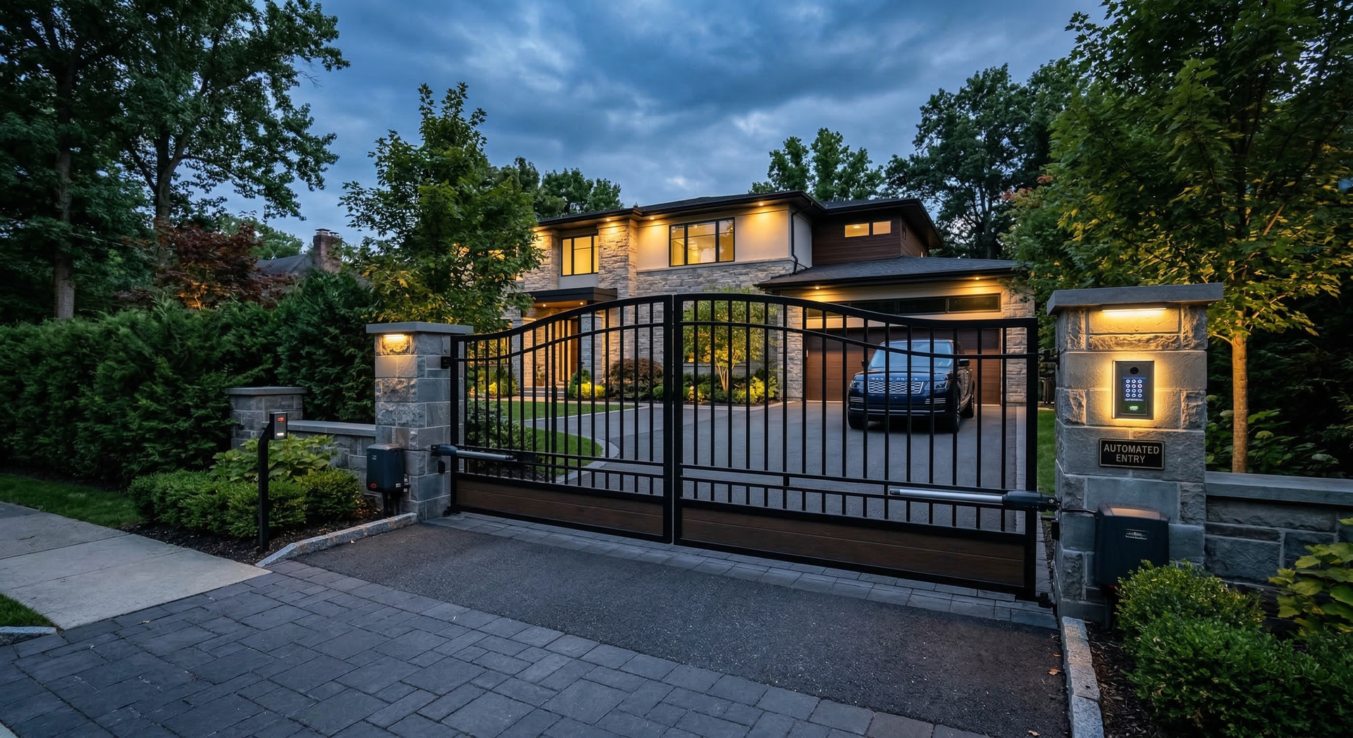 A dusk view of a two-story house behind a modern black metal driveway gate, illuminated by warm outdoor lighting.