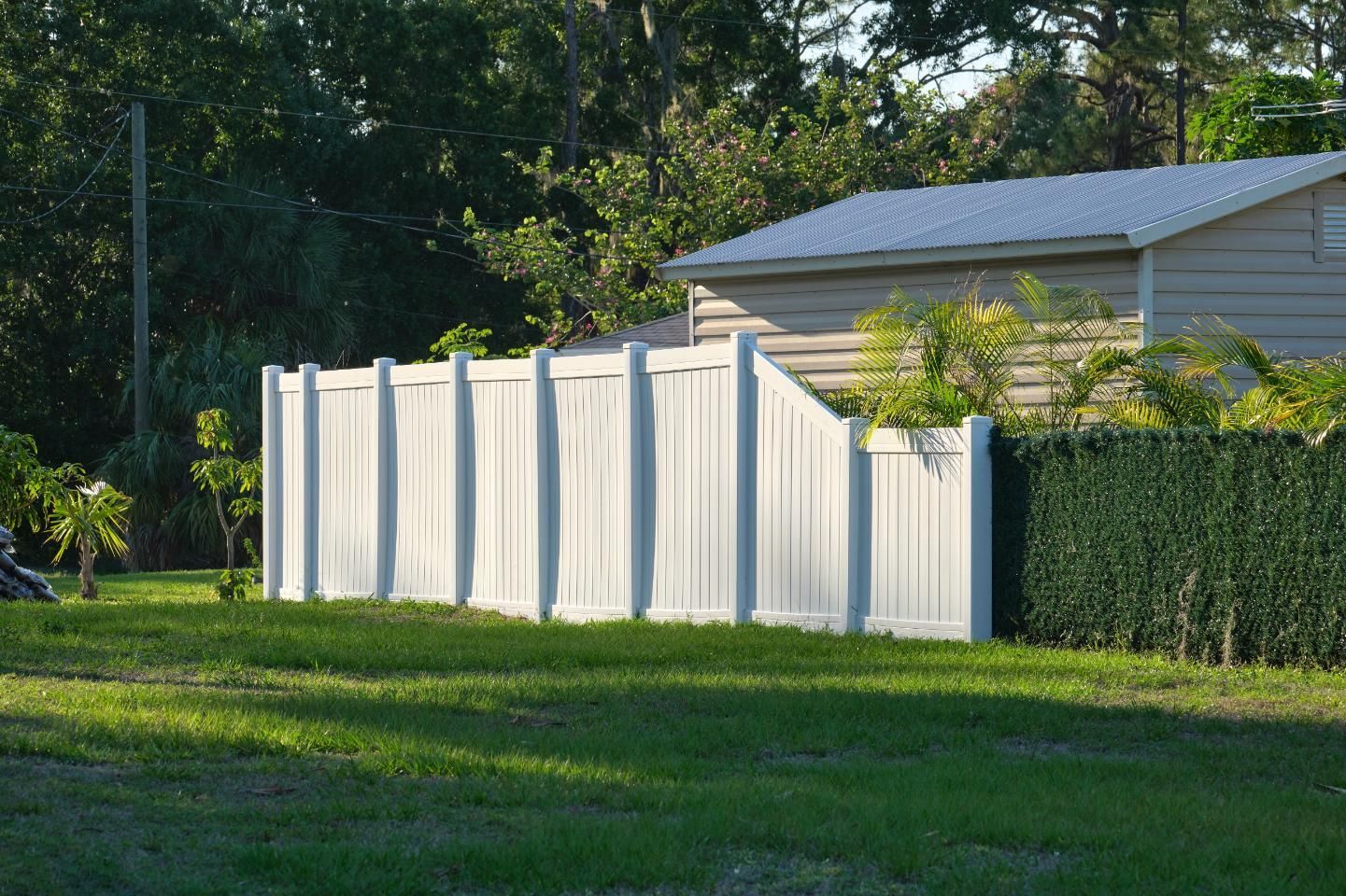 White picket fence in front of a shed and green foliage on a sunny day.