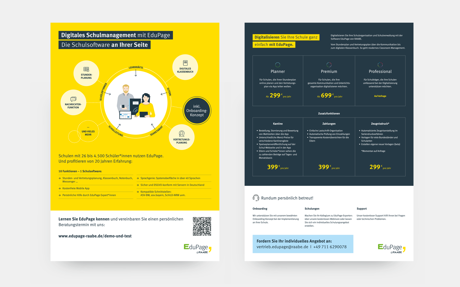 A4-Flyer über die EduPage Schulsoftware, mit einer illustrativen Infografik auf der gelben Vorderseite und den Preisübersicht auf der anthraziten Rückseite.