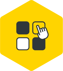 Icon auf einer gelben Polygone: eine Hand bedient 4 Buttons.