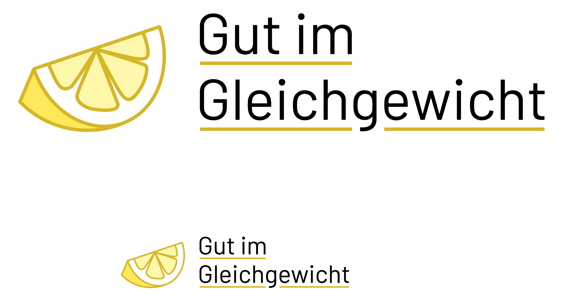 Darstellung des Logos von Gut-im-Gleichgewicht in groß sowie in klein, mit einer geviertelten Zitrone als Wortbildmarke.