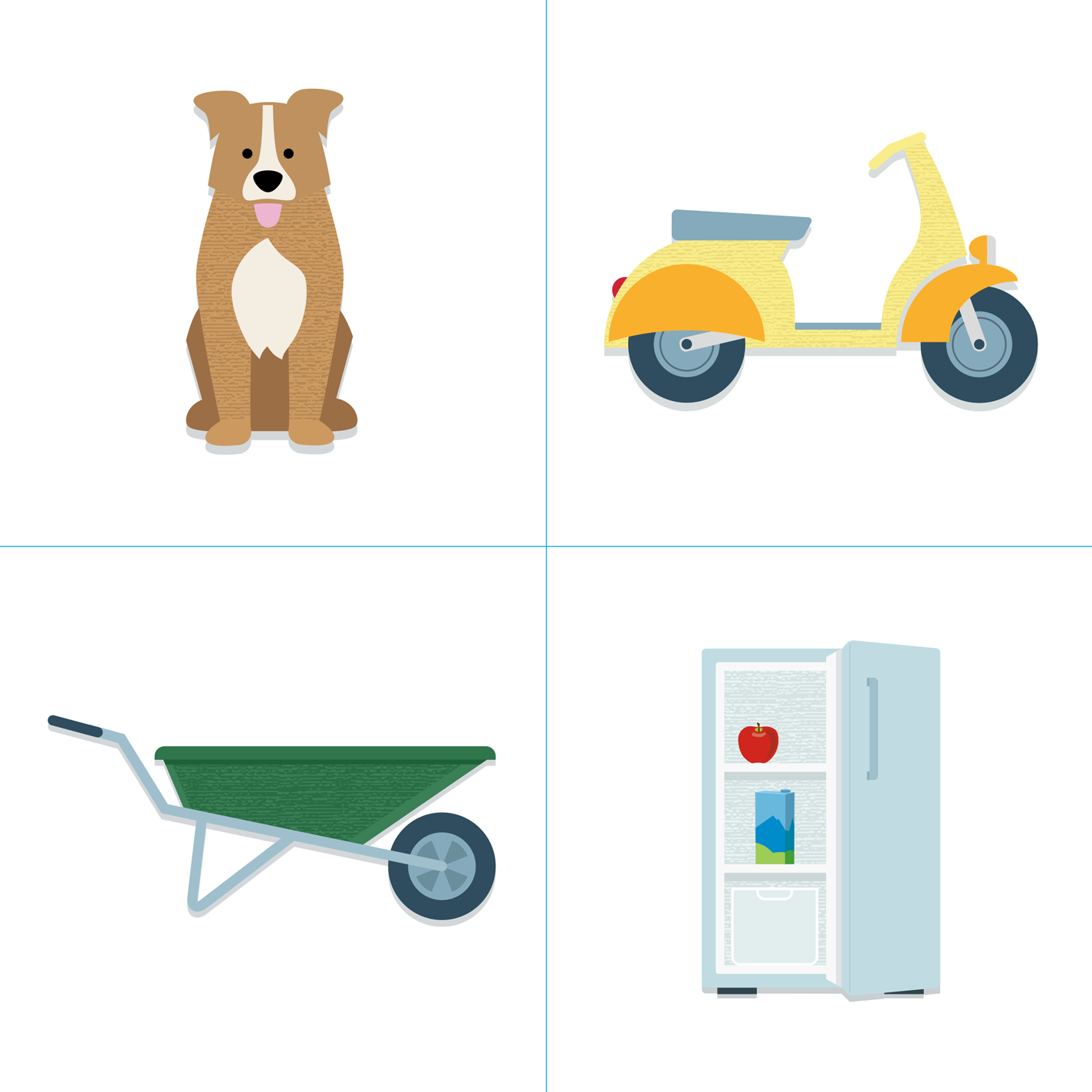 Illustrationsbeispiele von 4 Gegenständen wie Hund, Mofa, Schubkarre und Kühlschrank.