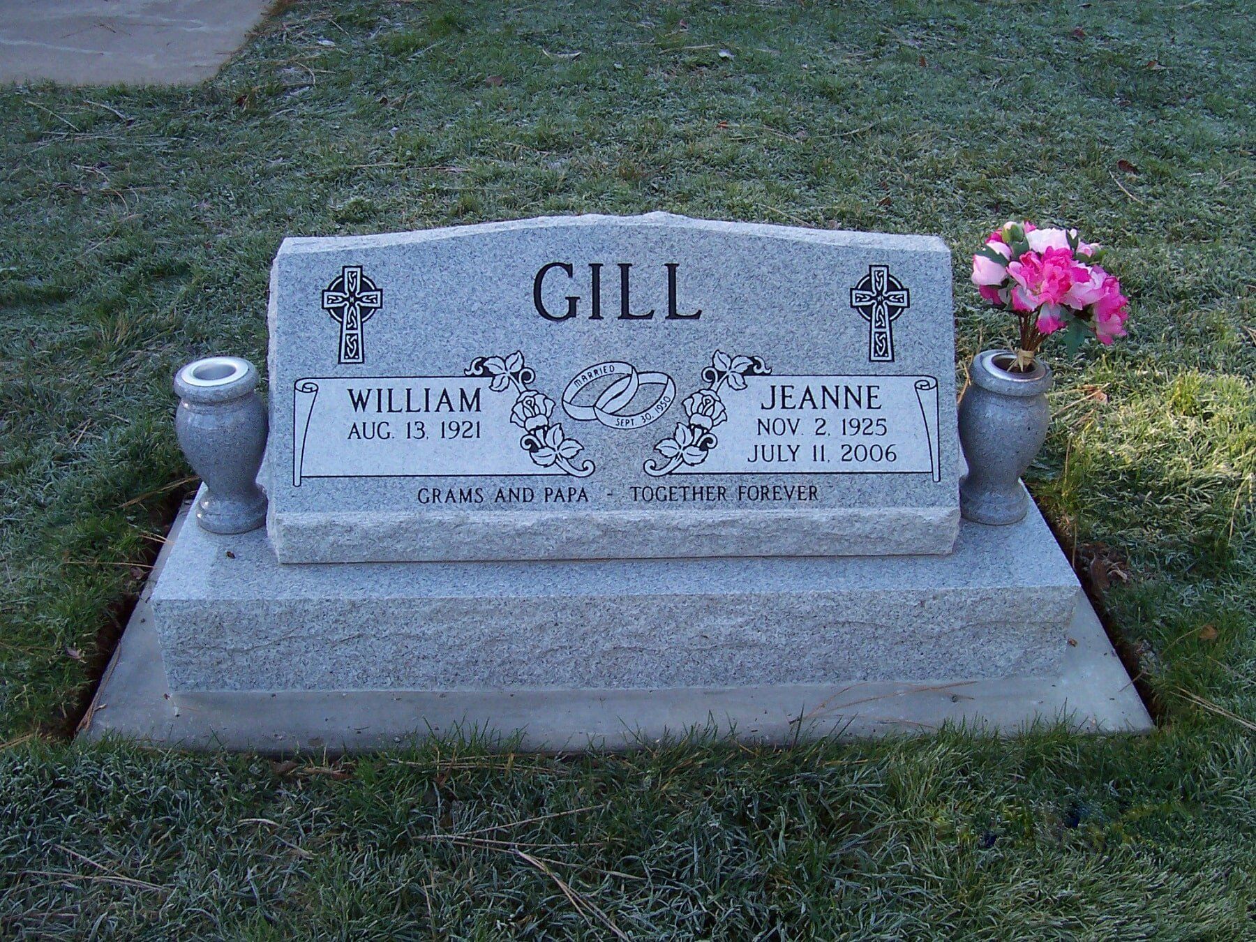 Grey Granite Slant with Base and Vases Headstone