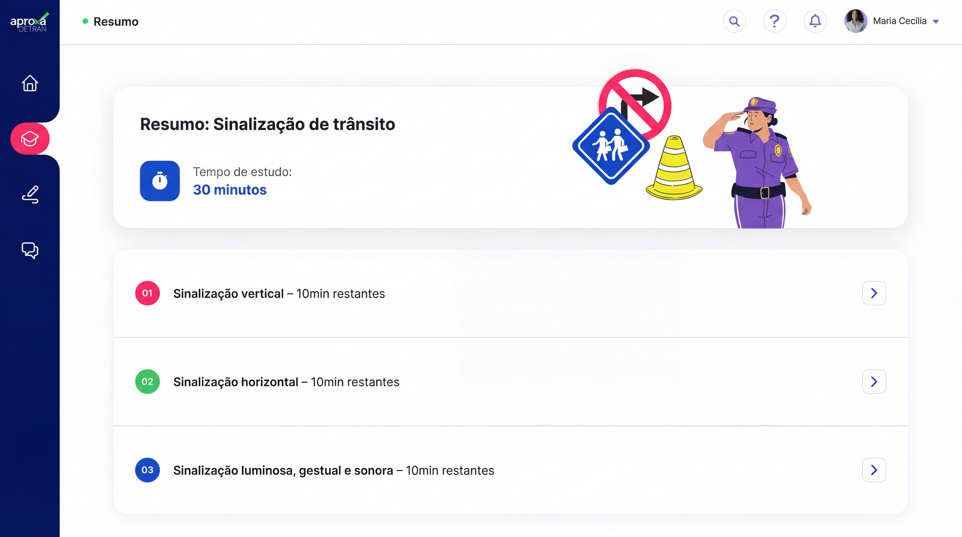 Painel com menu, itens em lista e imagem de um policial.