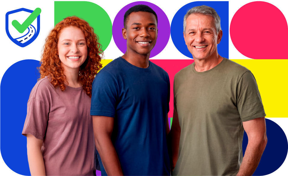 Três pessoas sorridentes em frente a um fundo geométrico colorido. Um ícone de escudo com marca de seleção está à esquerda.
