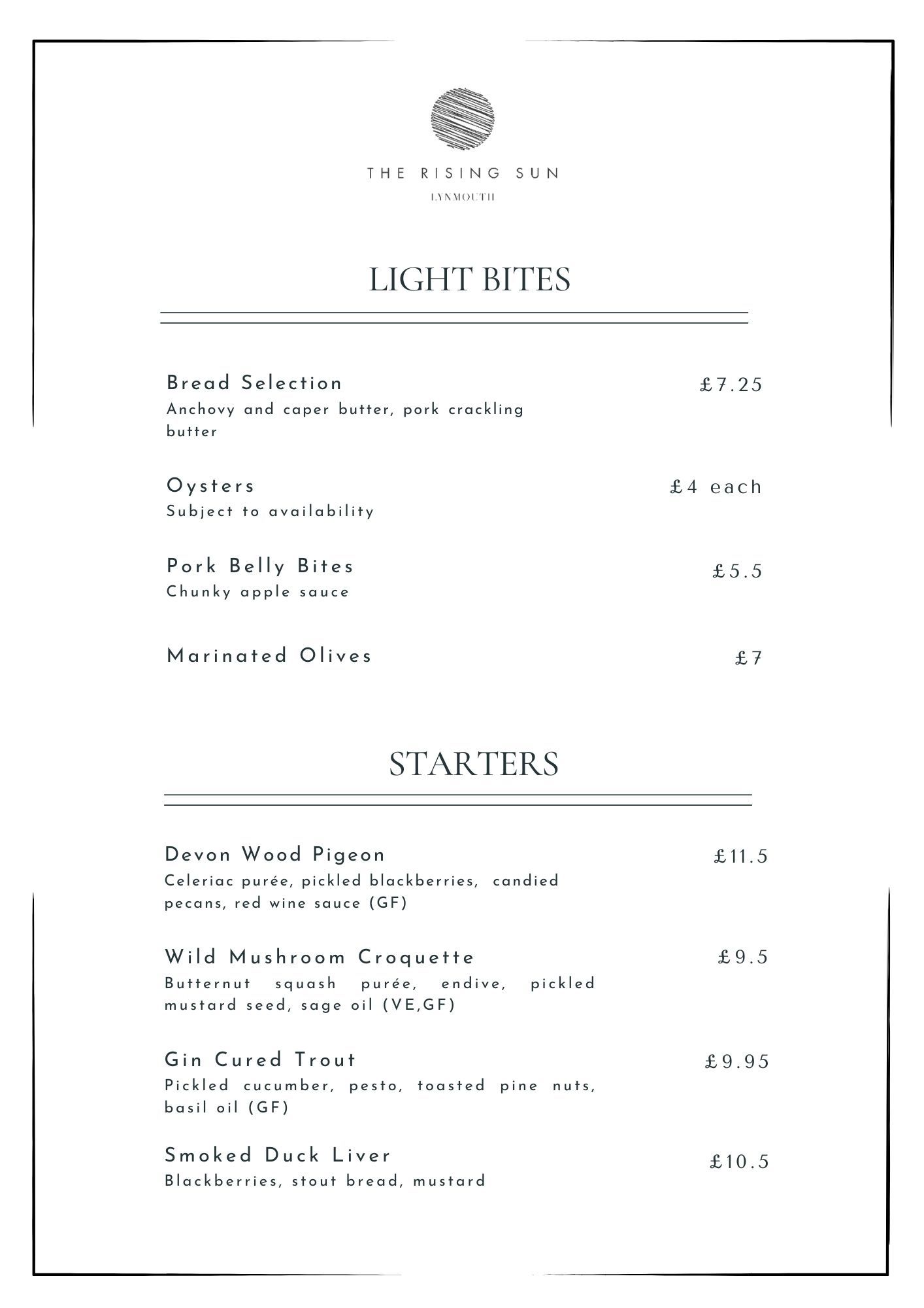Light bites and starters on the Sunday menu at The Rising Sun Hotel.